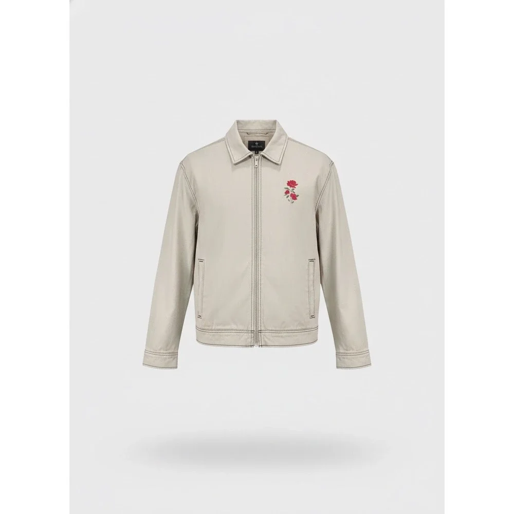 Saints Studio Mens Tan Canvas Rose Graphic Zip Up Workwear Jacket Large